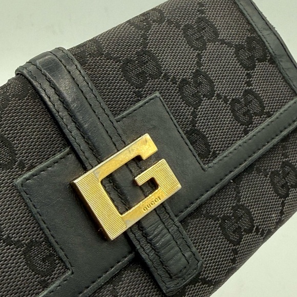 Gucci GG Canvas Black Leather Continental Wallet ✔️Authentic G Buckle - Picture 2 of 15